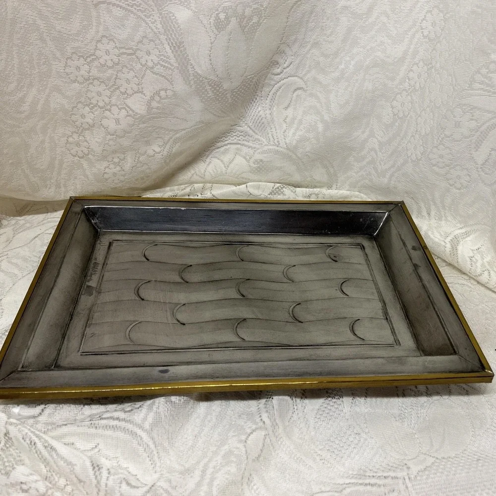 Metal Tray Two Tone‎ Silver Gold Faux Bamboo Pattern Made in Mexico